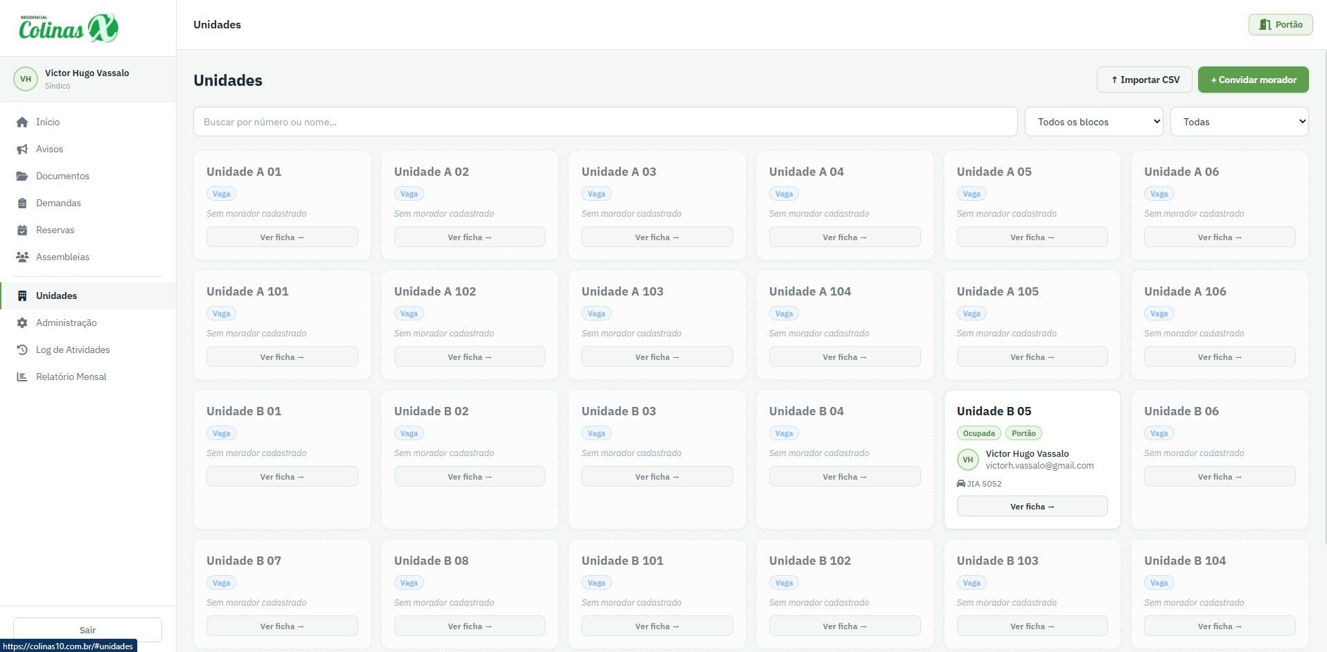 Dashboard do sistema condominial Colinas X